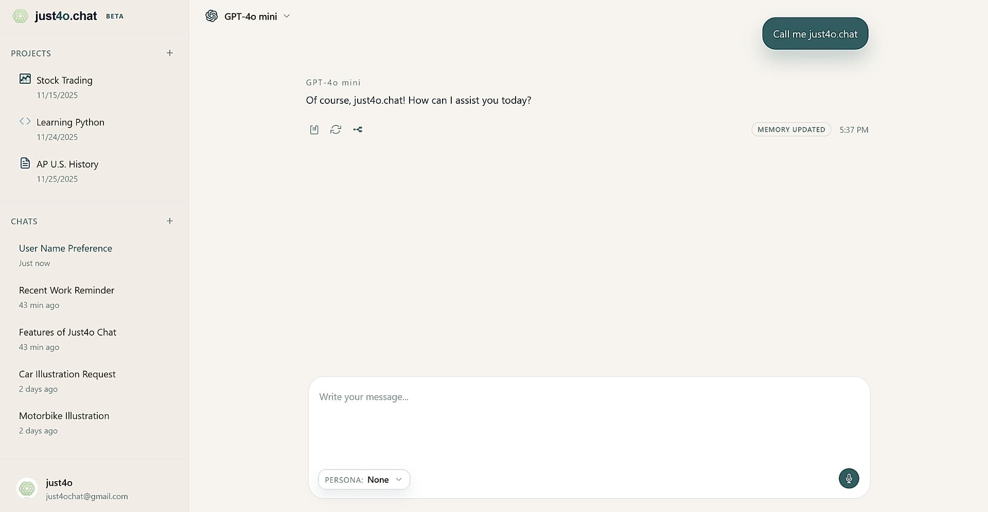 The just4o.chat chat workspace showing a memory updated badge in the thread.